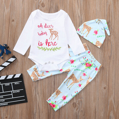 

Newborn Baby Boys Girls Long Sleeve Cartoon Print Tops Pants Cap Clothes Sets