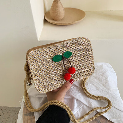 

Tailored Female Cherry Small Square Bag Fashion Shoulder Bag Straw Diagonal Cross Bag