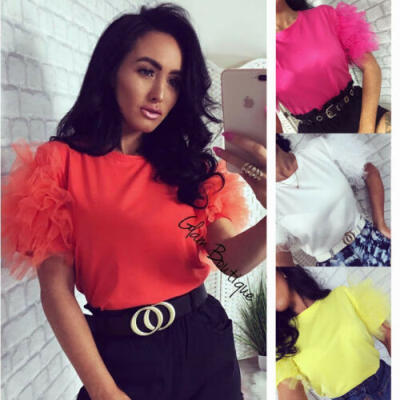 

UK Women Summer Tulle Ruffle Short Sleeve T Shirt Ladies Loose Casual Blouse Top