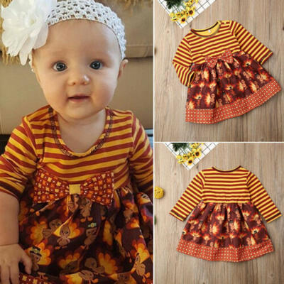 

Toddler Baby Girl Kids Thanksgiving Long Sleeve Striped Skirt Tutu Dress Outfits