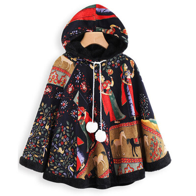 

Womens Loose Hooded Coat Casual Ethnic Style Print Autumn Winter Jacket Tops