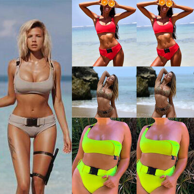 

Fashion Womens Pure Color Belt Push-up Padded Bra Bandage Bikini Set Swimsuit