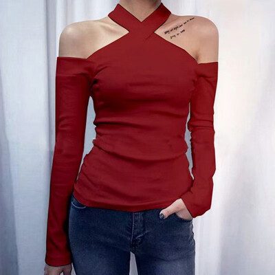 

Ladies Solid Color Vacation Tops Autumn Casual Slim Off Shoulder Blouse Plus Size Long Sleeve Temperament T Shirt