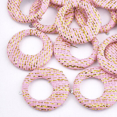 

Handmade Raffia Woven Pendants with Iron & Aluminum Findings&Metallic Cord Flat Round Platinum Pink 435x405x5mm Hole