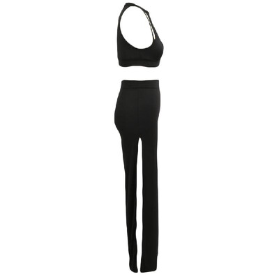 

Sexy Women 2 Piece Outfits Turtleneck Sleeveless Hollow out High Split Clubwear Romper Jumpsuit Black