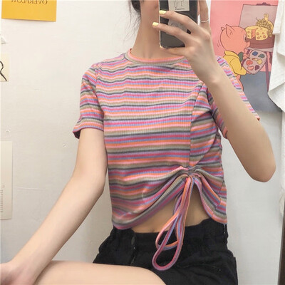 

Novel Design Drawstring Womens T-Shirt Summer O Neck Striped Short Sleeve T Shirt Sexy Knitted Slim Pullover Tee Tops