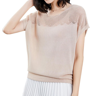 

Summer Women Short Sleeve Knitted Pullover Loose T-Shirt Mesh Breathable Bat Sleeve Top