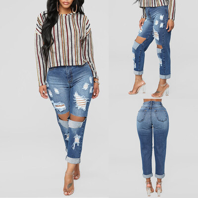 

〖Follure〗Women Plus Size Pockets Long Jeans Denim Ripped Hole Pants Daily Trousers