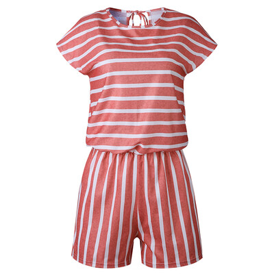 

Womens Striped Short Sleeve O-Neck Loose Lace Up Backless Playsuit