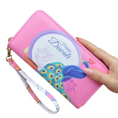 

Peacock Printed Purse Women Zip Faux Leather Wristlet Long Purse Phone Holder