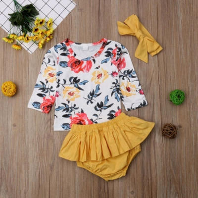 

Infant Baby Girl Clothes Floral T-shirt TopRuffle Shorts Headband Outfits Set