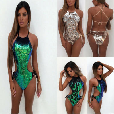

Womens Sexy Bikini Cross Belt One piece Swimsuit Mermaid Beach Sequin Swimwear