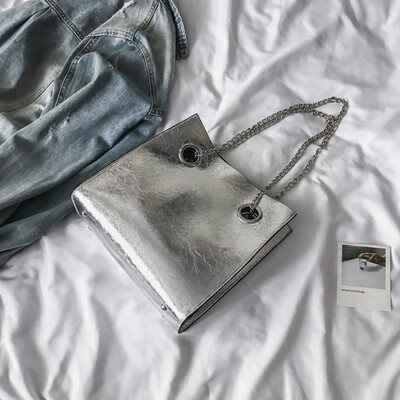 

2018 female spring&summer new simple design gold black silver big tote bag shoulder bag messenger bag chain slung handbag