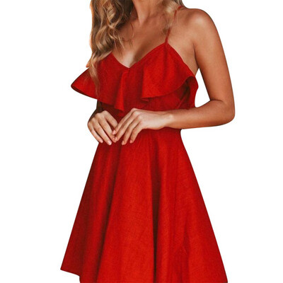 

Fashion Women Summer Deep V Neck Spaghetti Strap Ruffled Mini Dress A-Line Dress Beach Dress