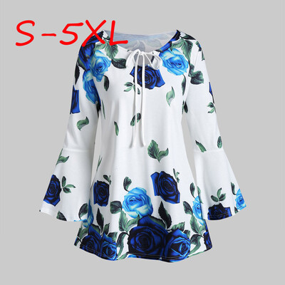 

Roseonmyhand Fashion Womens Plus Size Floral Print Flare Sleeve Tops Blouse Keyhole T-Shirts