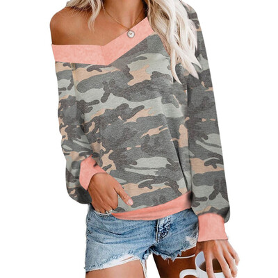 

Tailored Women Casual Print Shirt Splice Cold Shoulder Long Sleeve Blouse Loose Tops
