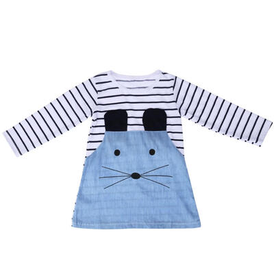 

Striped Patchwork Kids Girls Dress Long Sleeve Cute Mouse Denim Clothing