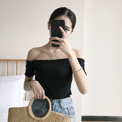 

Women Off Shoulder Crop Top T Shirts Short Sleeve Short T-shirts Femme Clothing Black T-shirt Tees Korean Style
