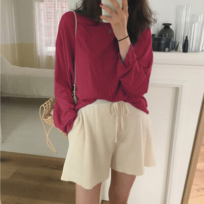 

Autumn Winter New Casual Loose Multicolor Solid Color T-shirt Long-Sleeved Clothes Women