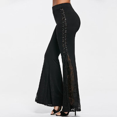 

Fashion Women Lace Flared Pants Lace-Up Bandage High Waist Solid Bell Bottom Long Trousers Black