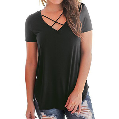 

2019 Fashion Womens Summer V-neck Short-sleeved Loose Casual T-shirt Top Blouse