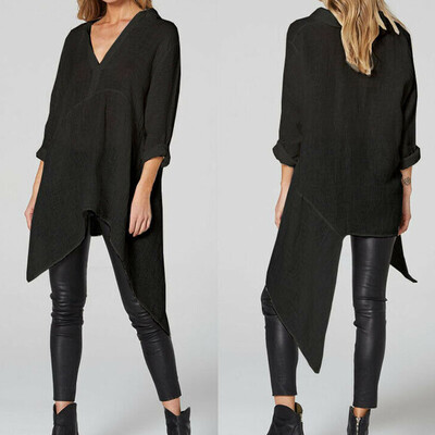 

Starmoon Fashion Women V-Neck Solid Long Sleeve Cut Out Blouse Cotton Asymmetric Tops