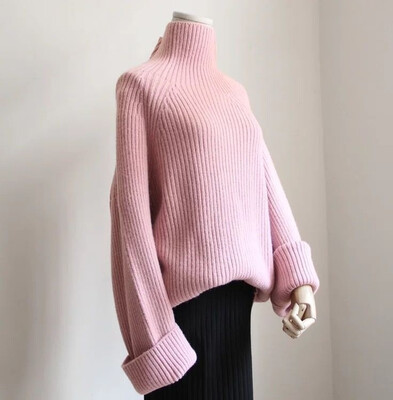 

High necked women winter Korea version of small fresh horn sleeves languid loose thick sweet sweater bottom knitted sweater