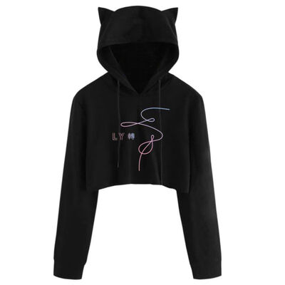 

BTS Cat ear print drawstring Long Sleeve Cropped Hoodies Sweatshirt Women Cat Hooded Pullover Crop Tops Clothes harajuku