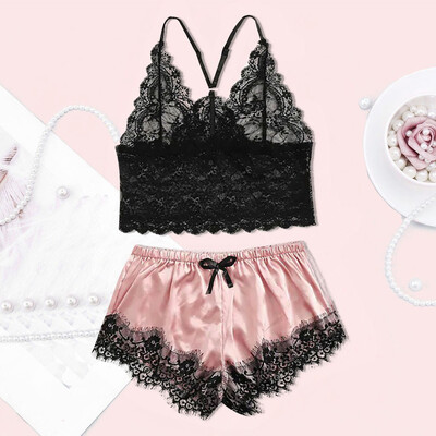 

Gobestart New Women Lace Satin Wireless Bra Camisole Pajamas Sleepwear Bowknot Shorts Set