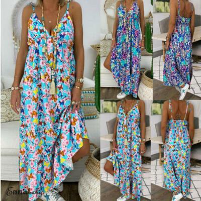 

Womens Boho Holiday Long Dresses Ladies Summer Beach Floral Maxi Dress Size 8-20