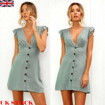 

UK Women Deep V-neck Sleeveless Short Mini Dress Ladies Summer Casual Sundress