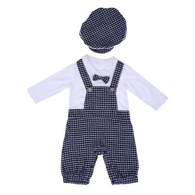 

Newborn Baby Boy Romper Plaid Tie Strap Baby Clothing Costume Set with Hat