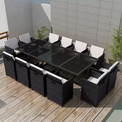 

13 Piece Outdoor Dining Set with Cushions Poly Rattan Black