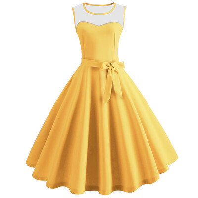 

Hepburn Vintage Series Women Dress Spring And Summer Grenadine Stitching Design Sleeveless Belt Retro Corset Dress