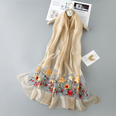 

New solid color oleander hook flower flat embroidered silk scarf four seasons wild sun shawl national wind scarf scarves wholesale