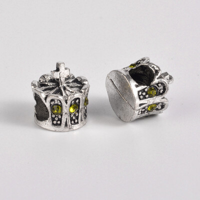 

Antique Silver Plated Alloy Rhinestone European Beads Large Hole Crown Beads Olivine 13x12mm Hole 5mm