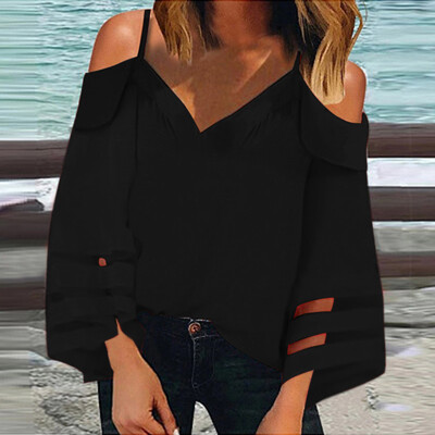 

Tailored Women Off Shoulder Mesh Panel Blouse 34 Bell Sleeve Loose Top Shirt