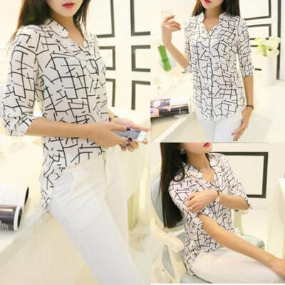 

Korean Fashion Women 34 Sleeve Elegant Print Chiffon Shirts Tops Summer Blouses