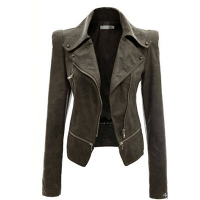 

Women Solid Color Leather Coat Jacket Casual Commuter Long Sleeve Lapel Zipper