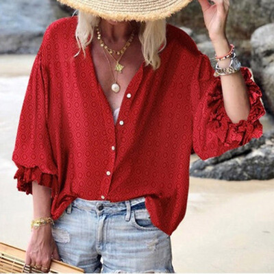

Autumn Fashion Women Deep V-neck Long sleeves Loose Printed shirt