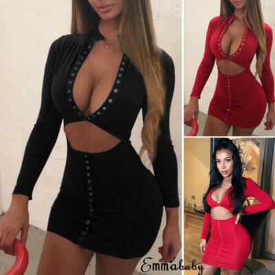 

Sexy Women Crop Tops V Neck Long Sleeve Midi Bodycon Dress Cocktail Mini Dress