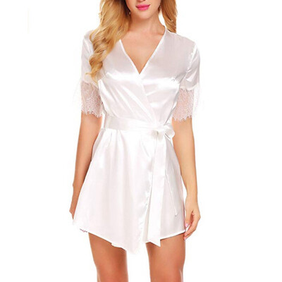 

Women Fashion Sexy Lingerie Nightdress V-neck Lace Trim Emulation Silk Pajamas