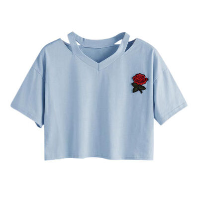 

Women Short T Shirt Summer Sexy Hollow Out Short Sleeve Casual Harajuku Crop Top Rose Embroidery T-shirts