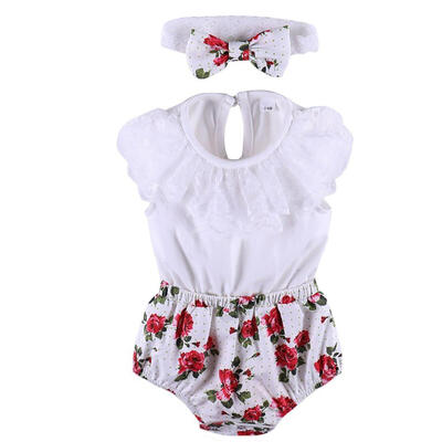 

2018 Summer New Fashion Baby Girls Short Sleeve O Neck Floral Printed With Hair Band Baby Clothing