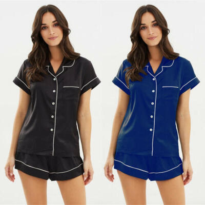 

2Pcs Women Ladies Silk Satin Pajamas Set Short Sleeve Button Sleepwear Nightie
