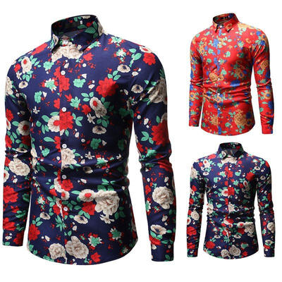 

Mens Shirt Fashionable Casual Slim-fit Floral Printed Long Sleeve Shirts