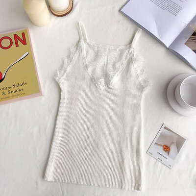 

Women Versatile Lace Sweet Knit Off Shoulder Slim Solid Color Sexy Strap V Collar Camisole