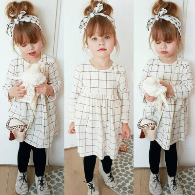 

Toddler Kids Baby Girl Plaid Dress Princess Party Casual Dress Headband Clothes