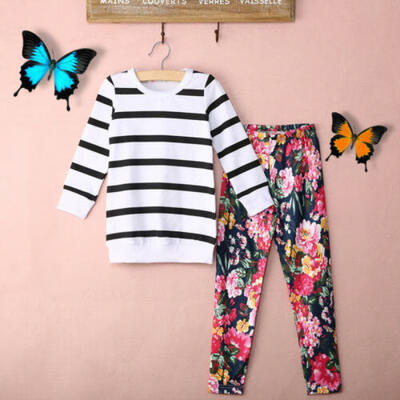 

UK Stock Kids Baby Girls Clothes Striped Tops T ShirtFloral Leggings Outfit Set
