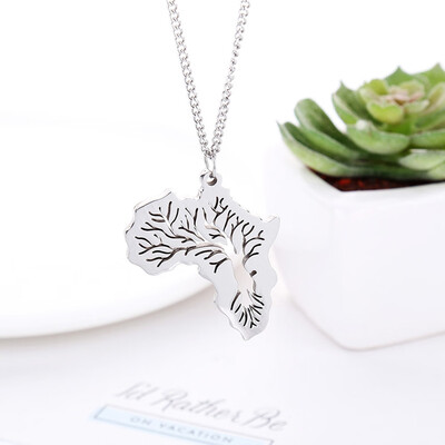 

New Personality Hip Hop Stainless Steel Africa Map Life Tree Pendant Necklace Mothers Day Gift